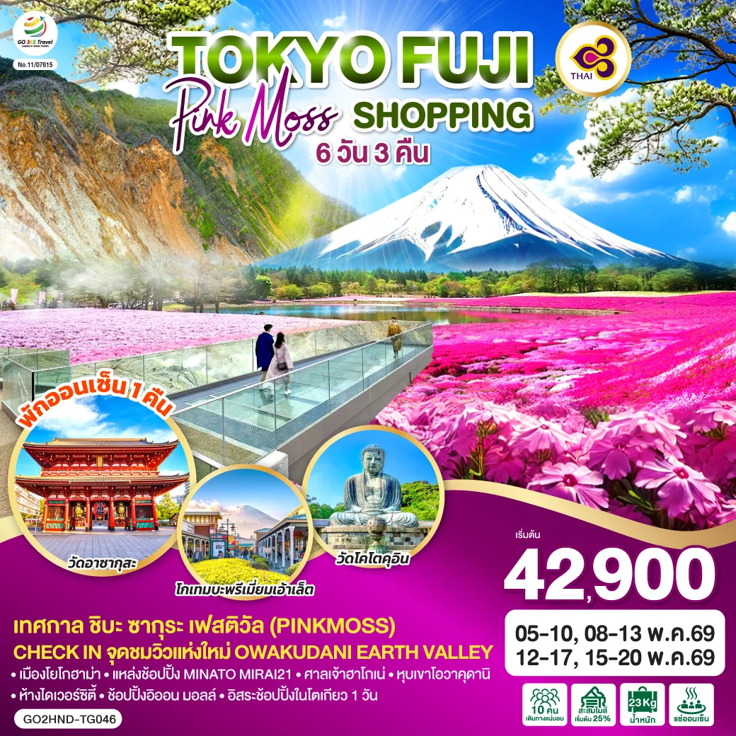ทัวร์ญี่ปุ่น TOKYO FUJI PINKMOSS SHOPPING 6วัน 3คืน (TG)